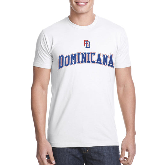 Person wearing a white t-shirt with 'DOMINICANA' text and logo on a white background