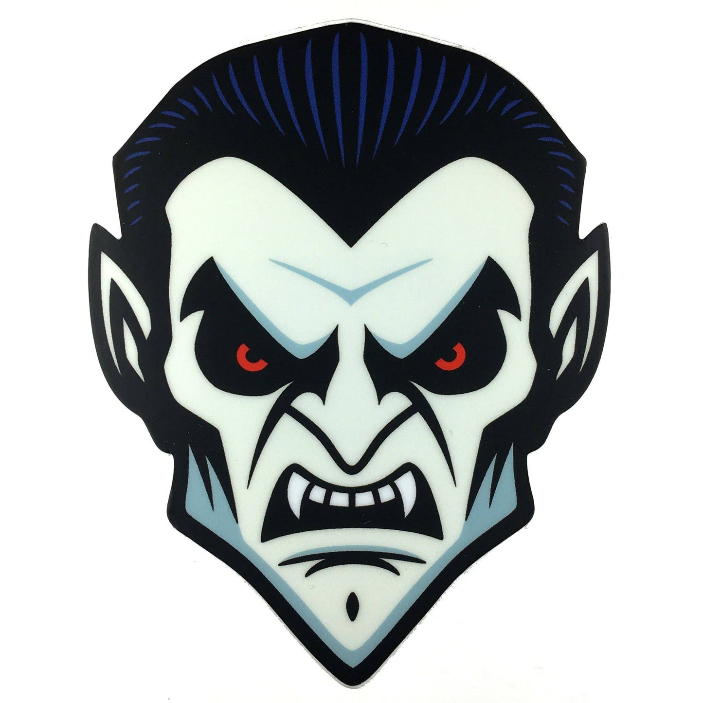 Stylized vampire face sticker with red eyes and fangs on a white background