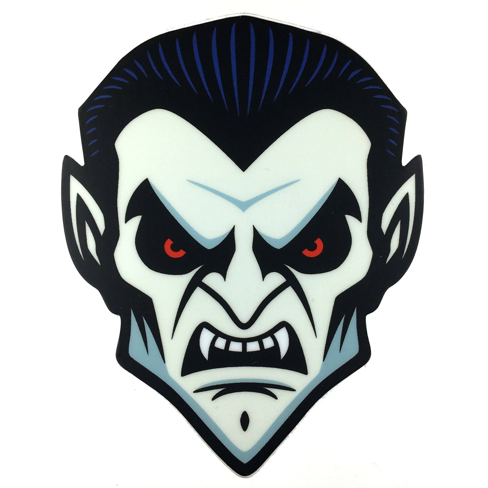 Stylized vampire face sticker with red eyes and fangs on a white background