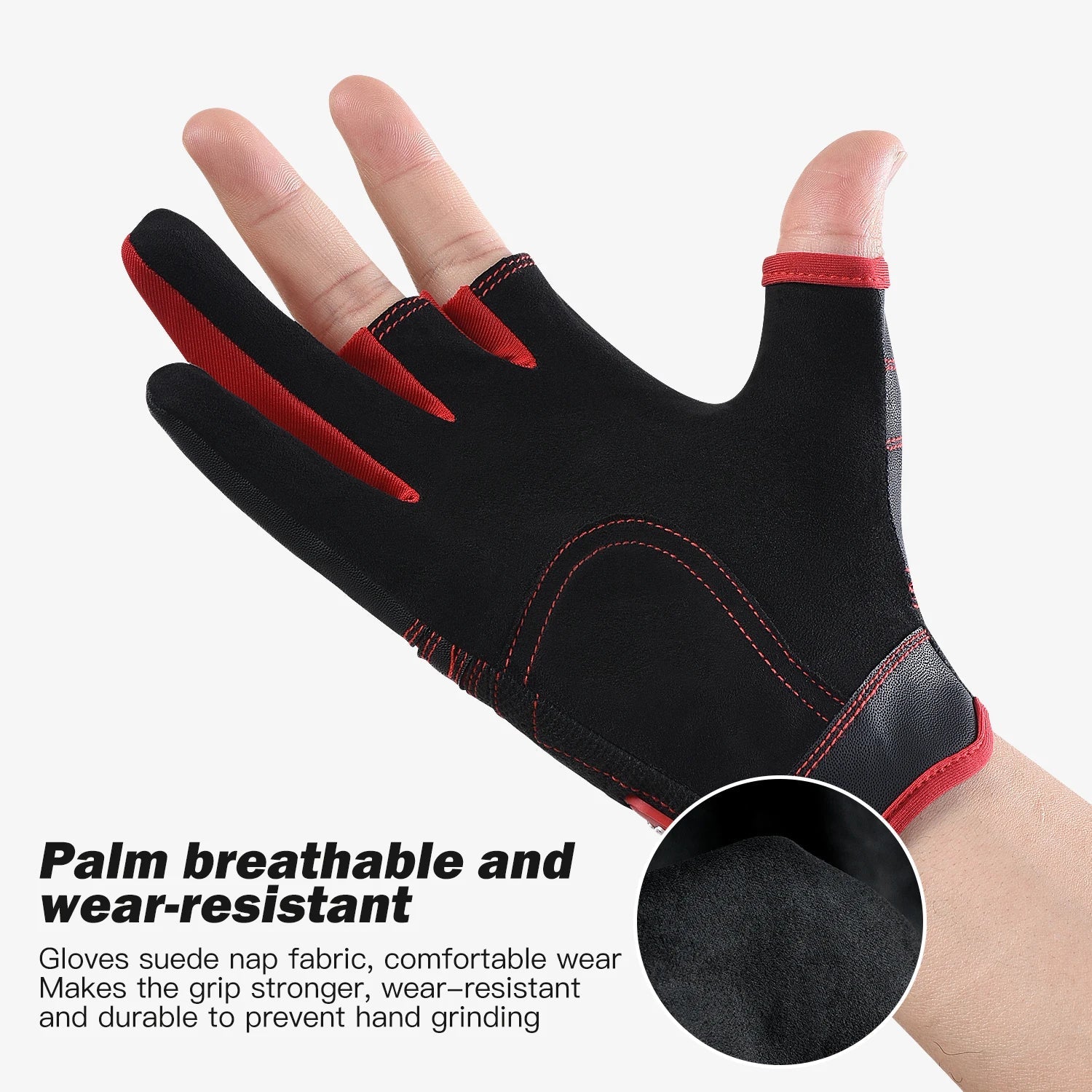 Black glove with red accents on a white background, highlighting breathable palm and wear-resistant properties.
