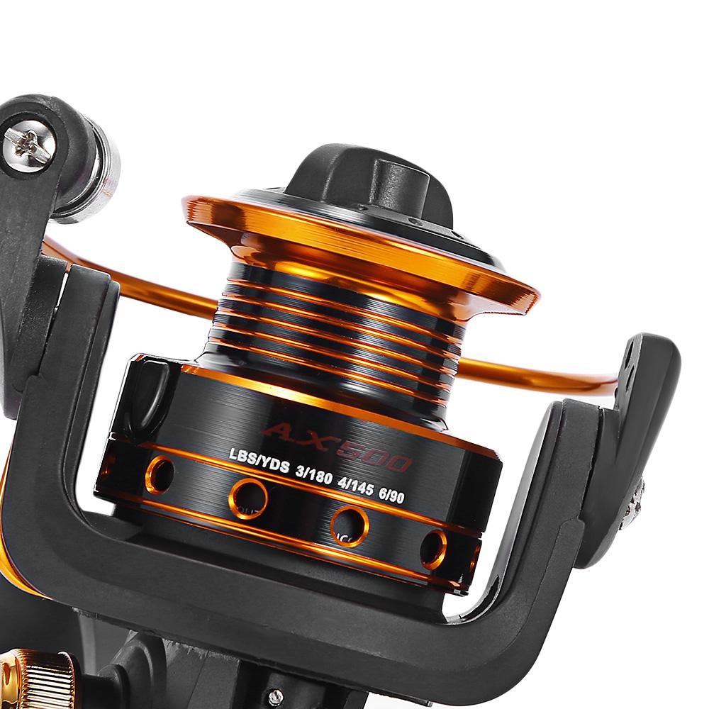 Close-up of a black and orange fishing reel on a white background