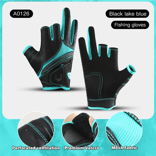 Black and turquoise fishing gloves with detailed features on a light blue background