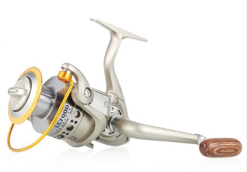 Fishing reel with wooden handle on a white background