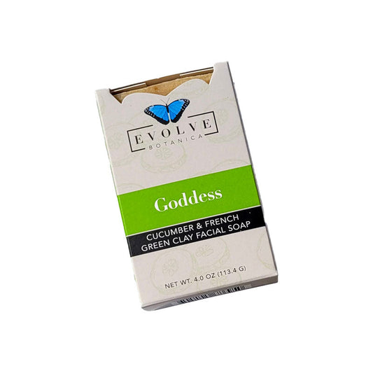 Evolve Botanica Goddess Cucumber & French Green Clay Facial Soap packaging on a white background