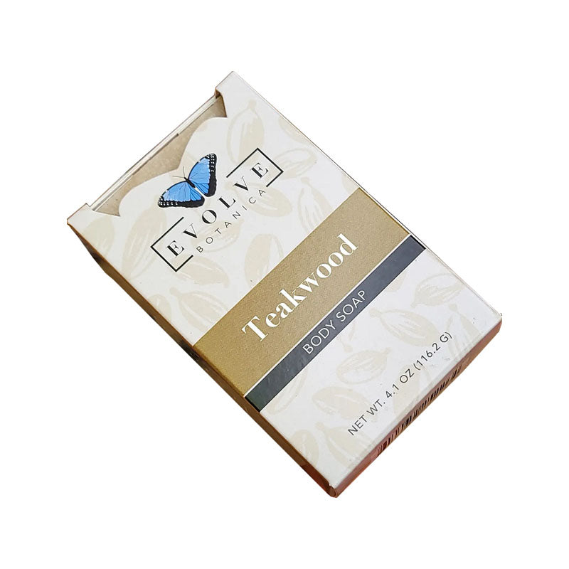 Box of Evolve Botanica Teakwood body soap on a white background