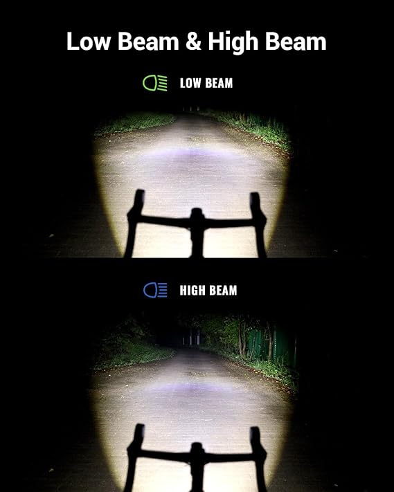 Comparison of low beam and high beam bicycle headlights on a dark road.