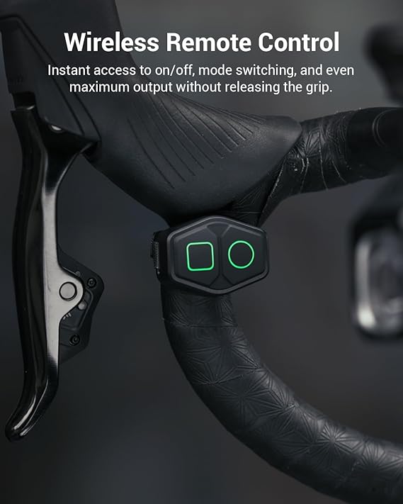 Wireless remote control attached to a motorcycle handlebar with text describing its functions.