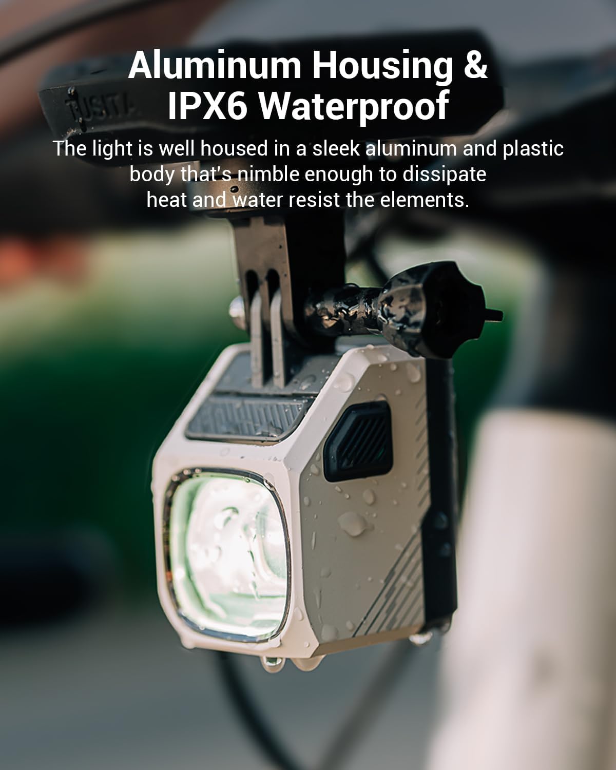 Light fixture with aluminum housing and IPX6 waterproof rating, mounted on a vehicle.