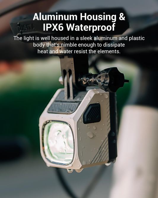 Light fixture with aluminum housing and IPX6 waterproof rating, mounted on a vehicle.