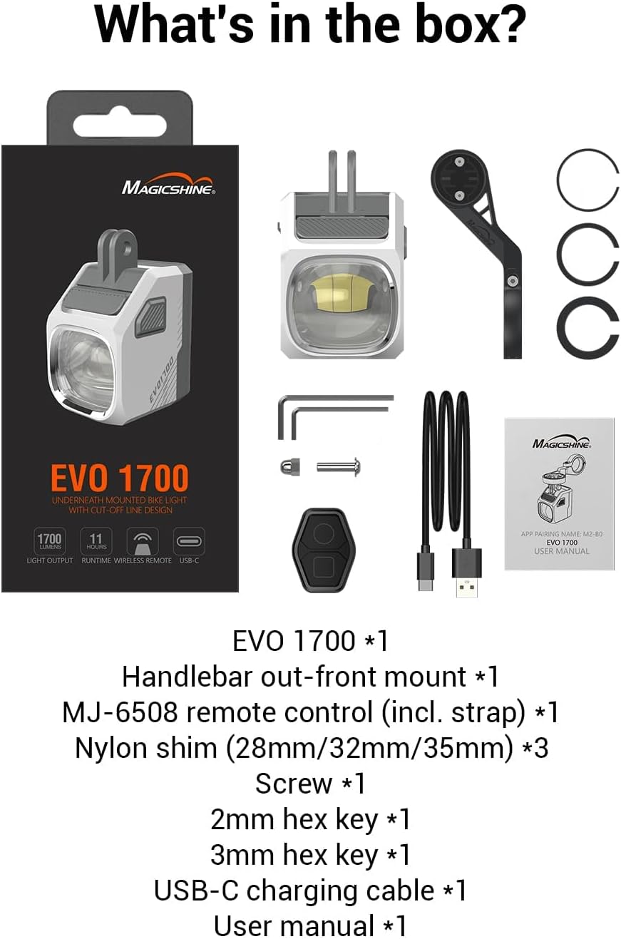 Product packaging with components listed for Magicshine EVO 1700 flashlight.