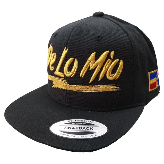 Black snapback cap with gold text and colorful flag patch on a white background