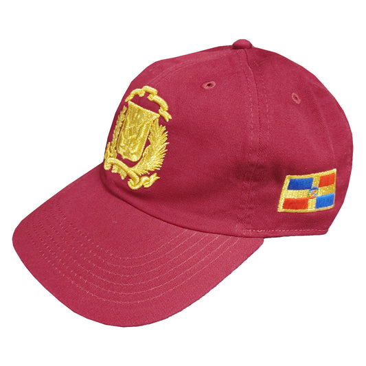 Red cap with yellow emblem and colorful patch on a white background