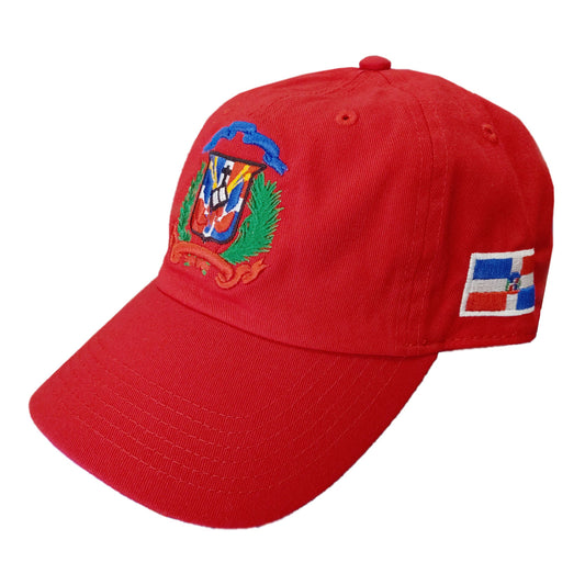 Red cap with embroidered emblem and flag patch on a white background
