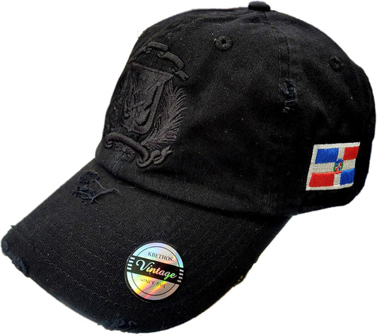 Black distressed baseball cap with a logo and Dominican Republic flag patch on a white background