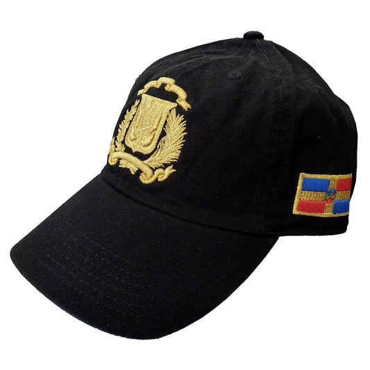 Black cap with gold Dominican Republic emblem and colorful flag patch on a white background