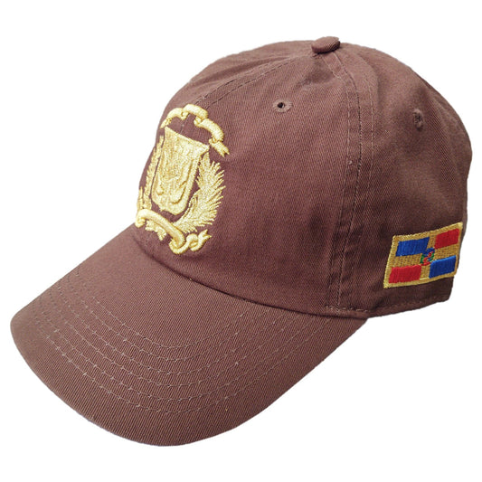 Brown cap with embroidered Dominicana emblem and colorful patch on a white background