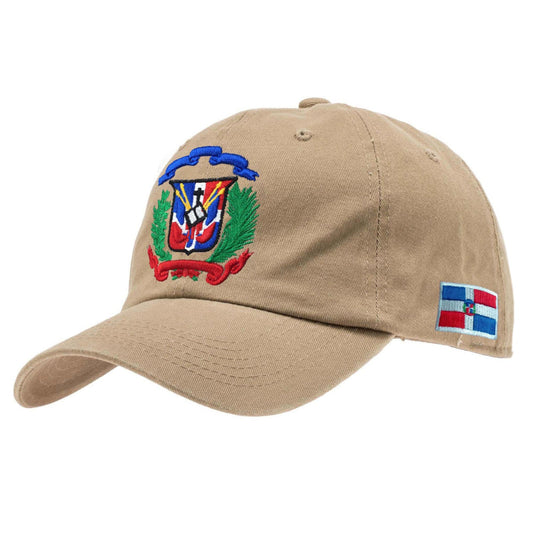 Beige cap with embroidered Dominican design and flag on a white background