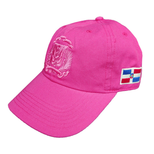Pink cap with Dominican emblem and flag patch on a white background