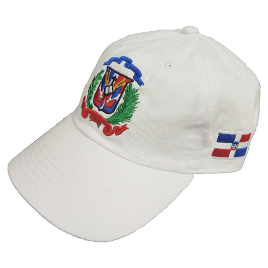 White cap with Dominican Republic emblem and flag on a white background