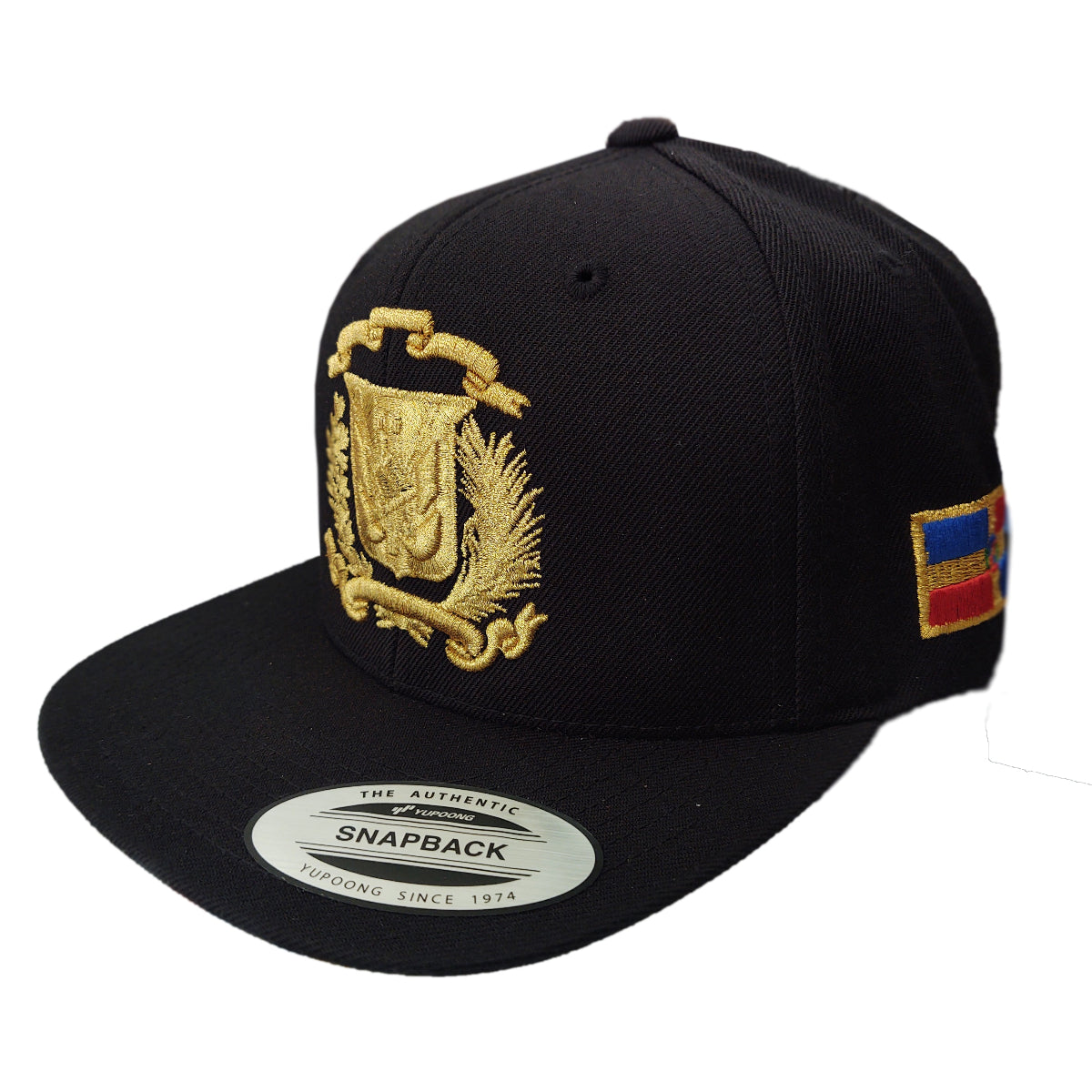 Black snapback cap with gold emblem and colorful patch on a white background
