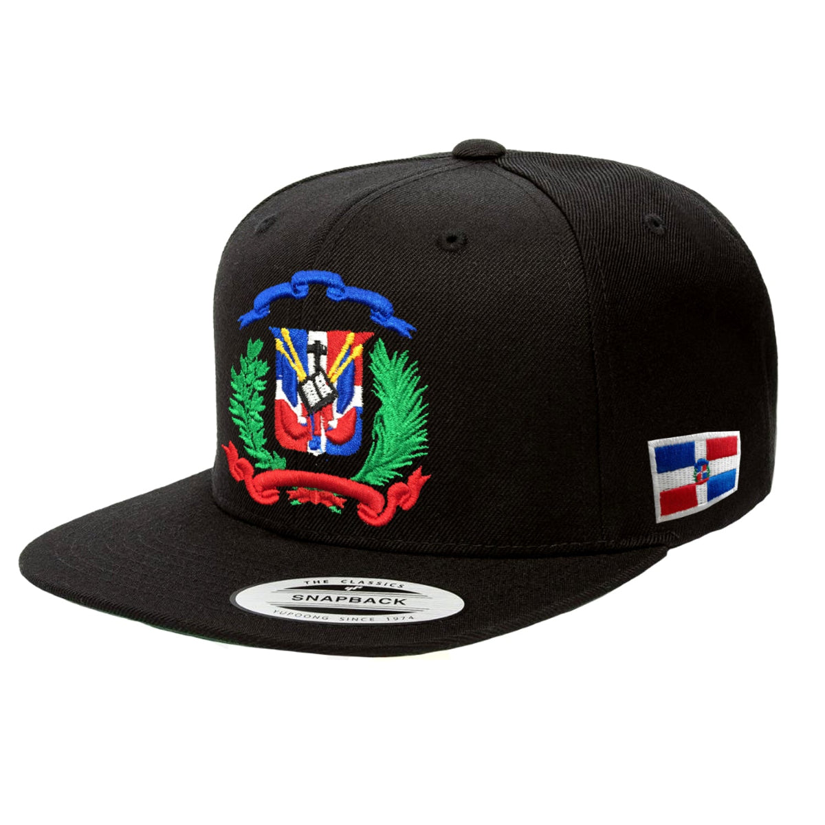 Black snapback cap with embroidered emblem and flag on a white background
