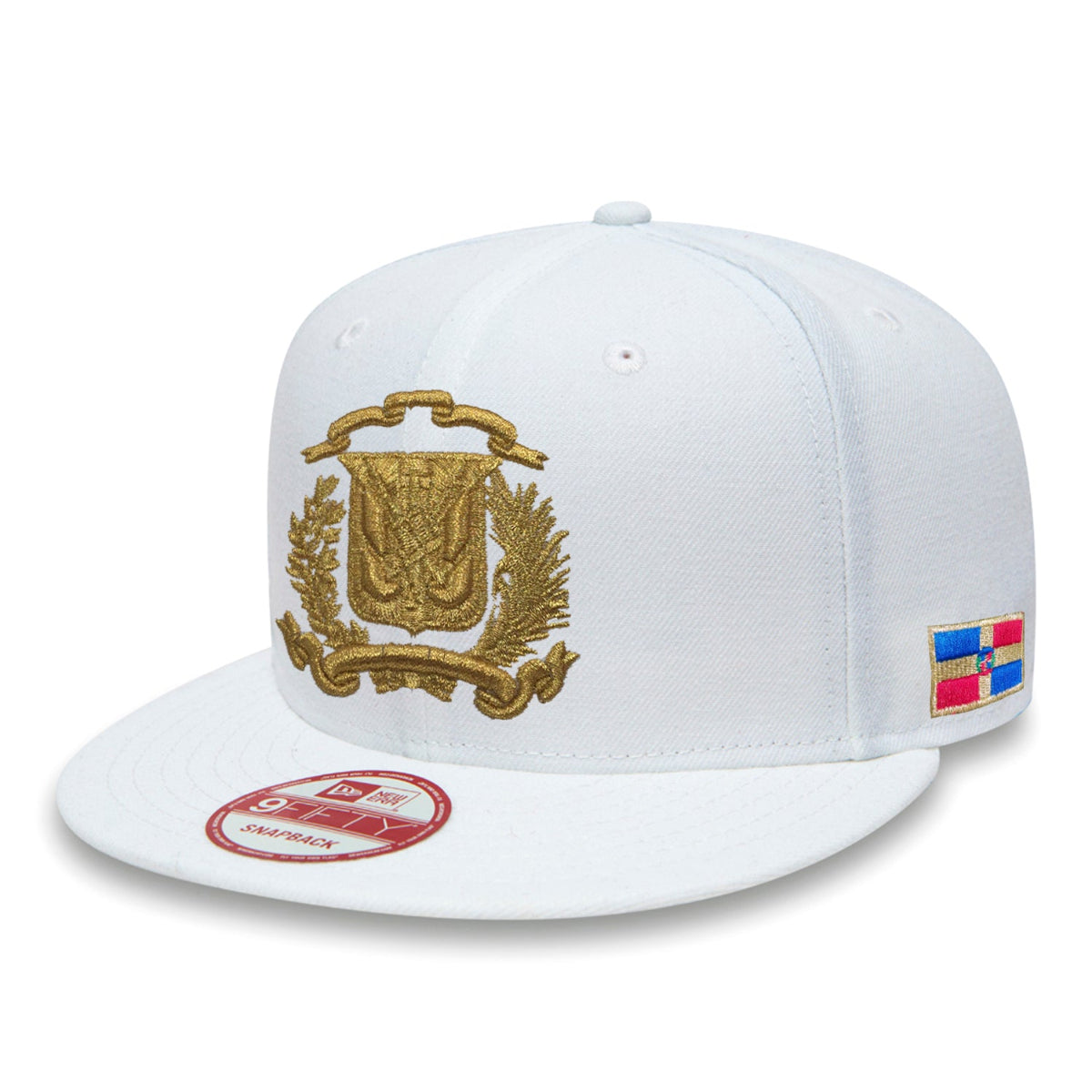 White cap with gold emblem and colorful logo on a white background