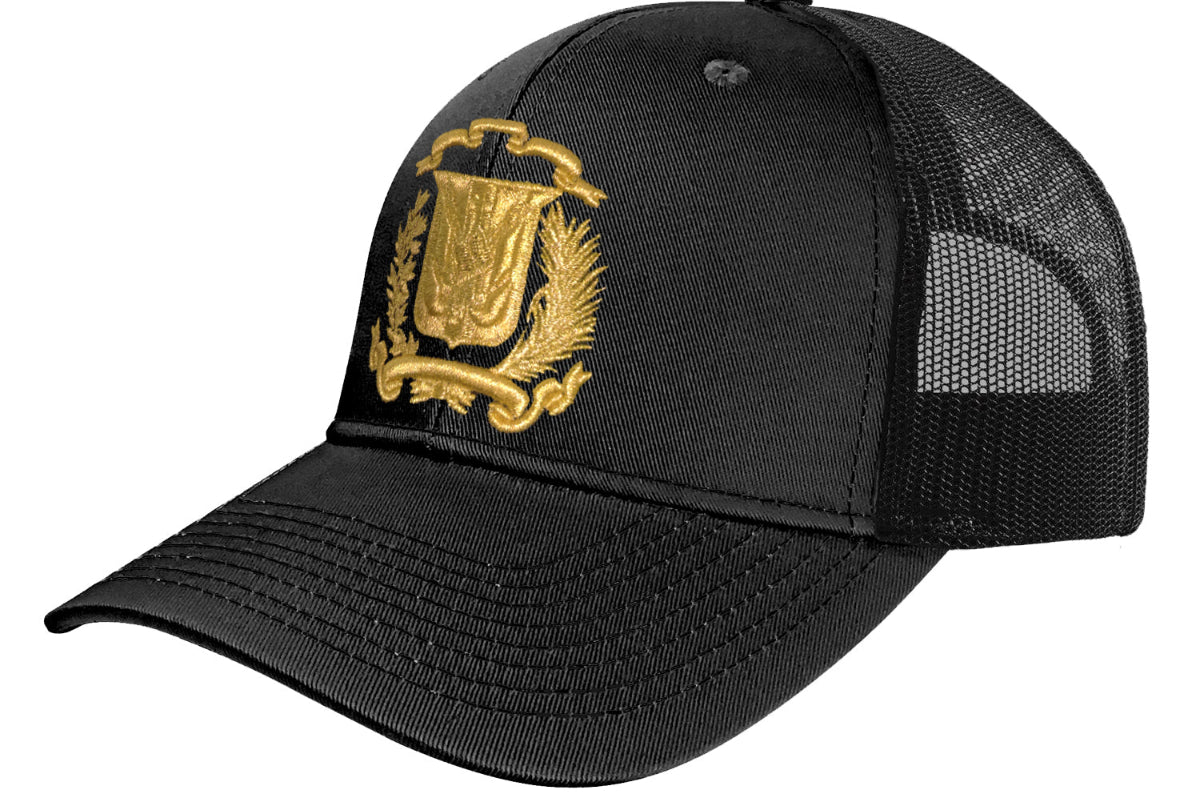 Black cap with gold emblem on a white background