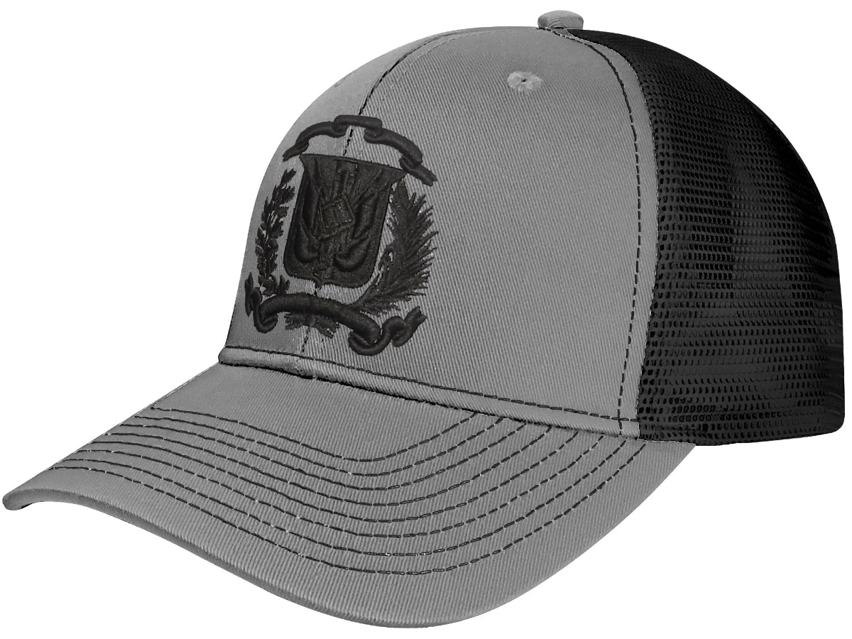 Gray and black cap with an embroidered design on a white background