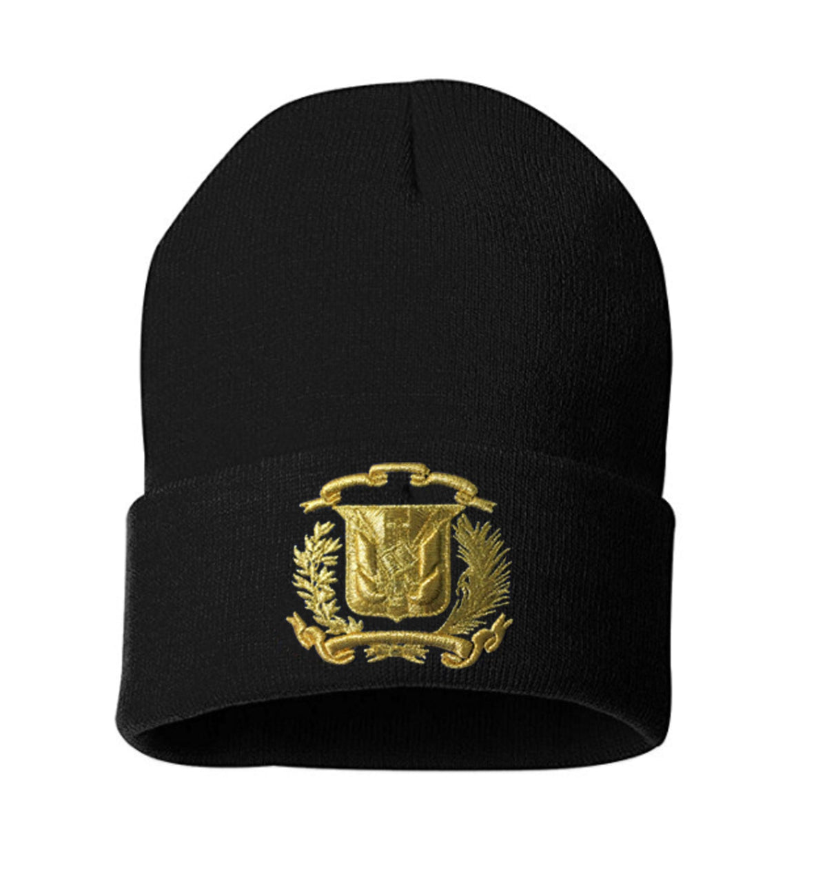 Black beanie with gold emblem on a white background