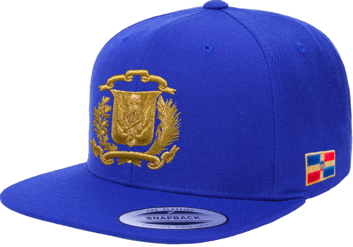 Blue snapback cap with gold emblem and multicolored flag patch on a white background