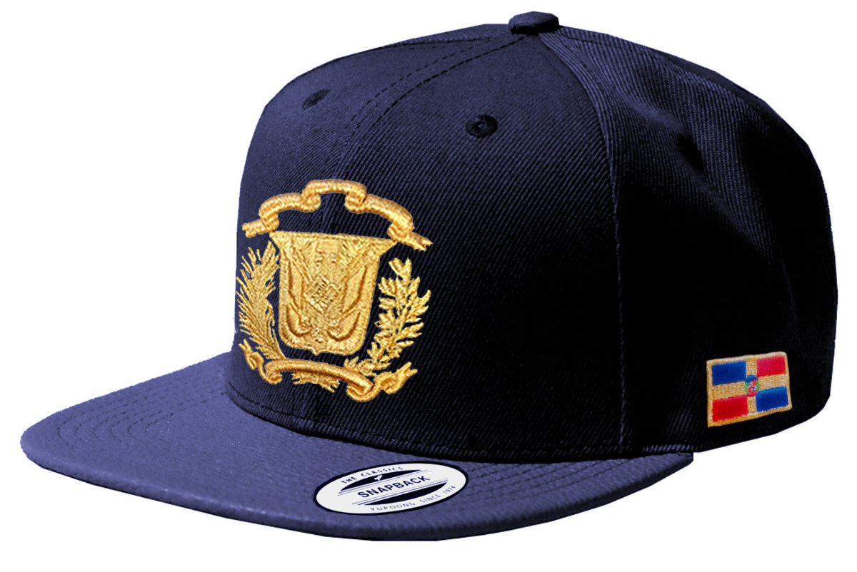 Navy blue cap with gold emblem and colorful patch on a white background