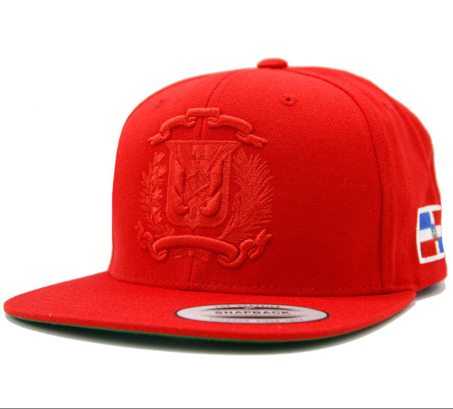 Red cap with embroidered design and a patch on a white background
