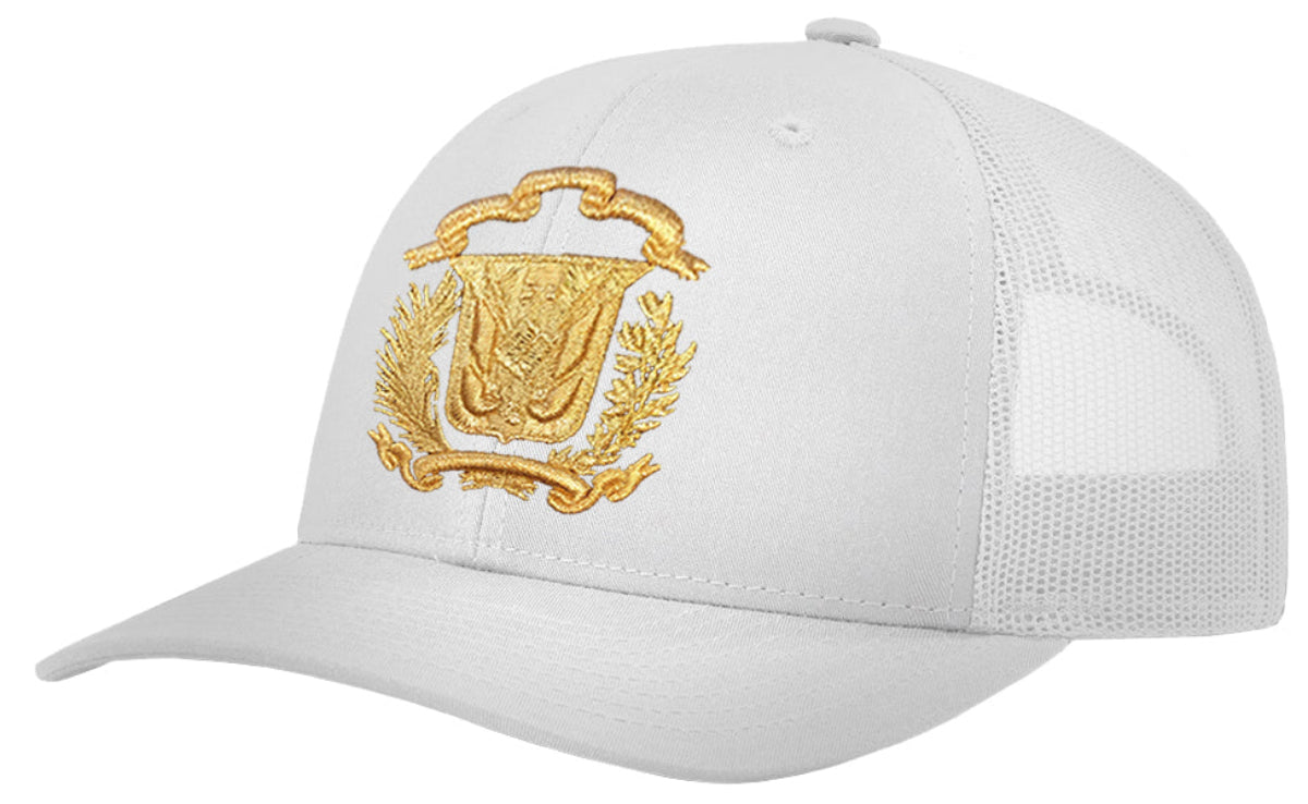 White cap with gold emblem on a white background
