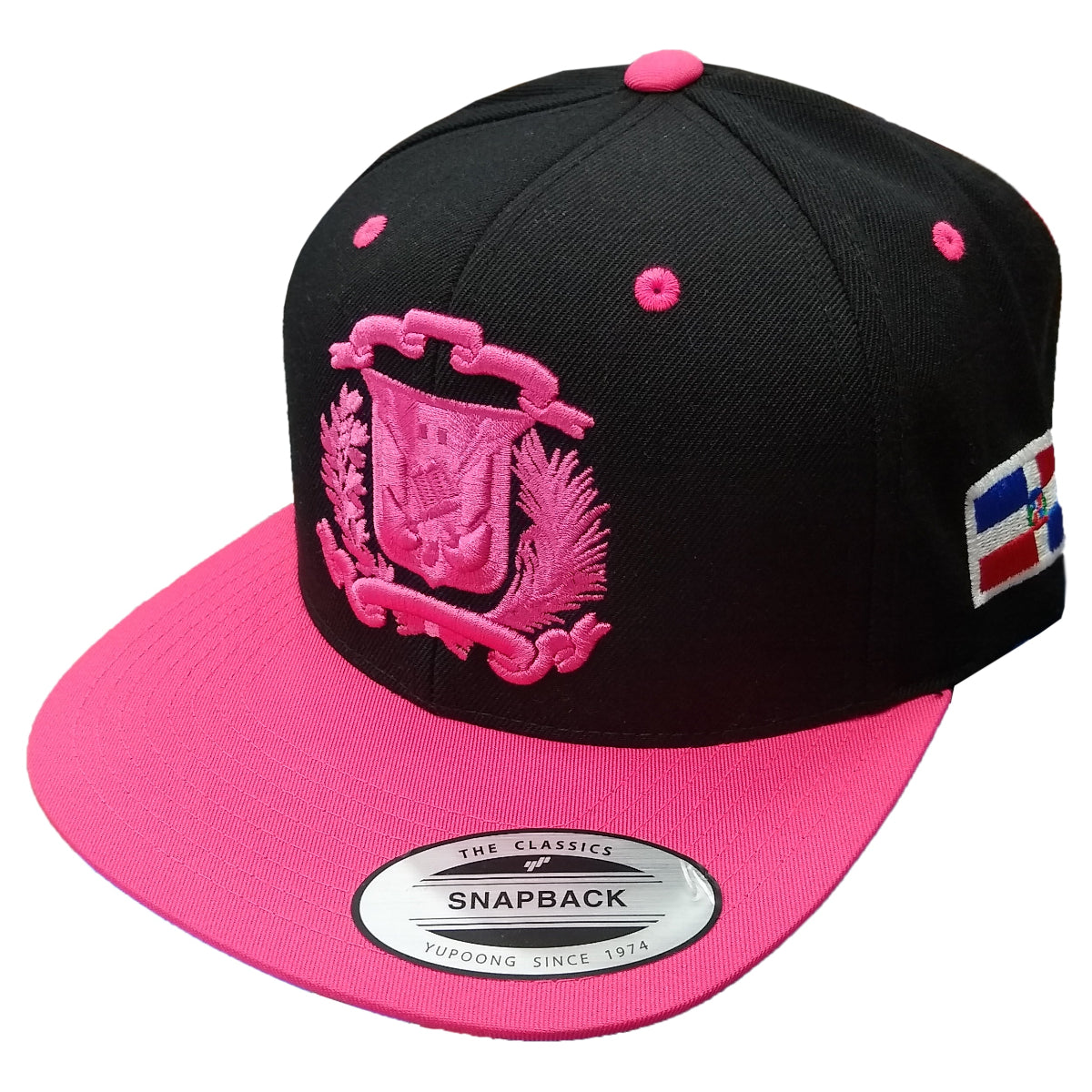 Black and pink snapback cap with emblem and brand label on a white background