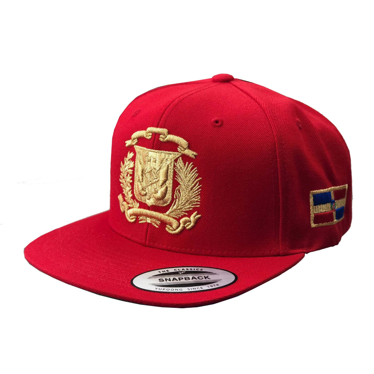 Red snapback cap with gold emblem and small flag on a white background