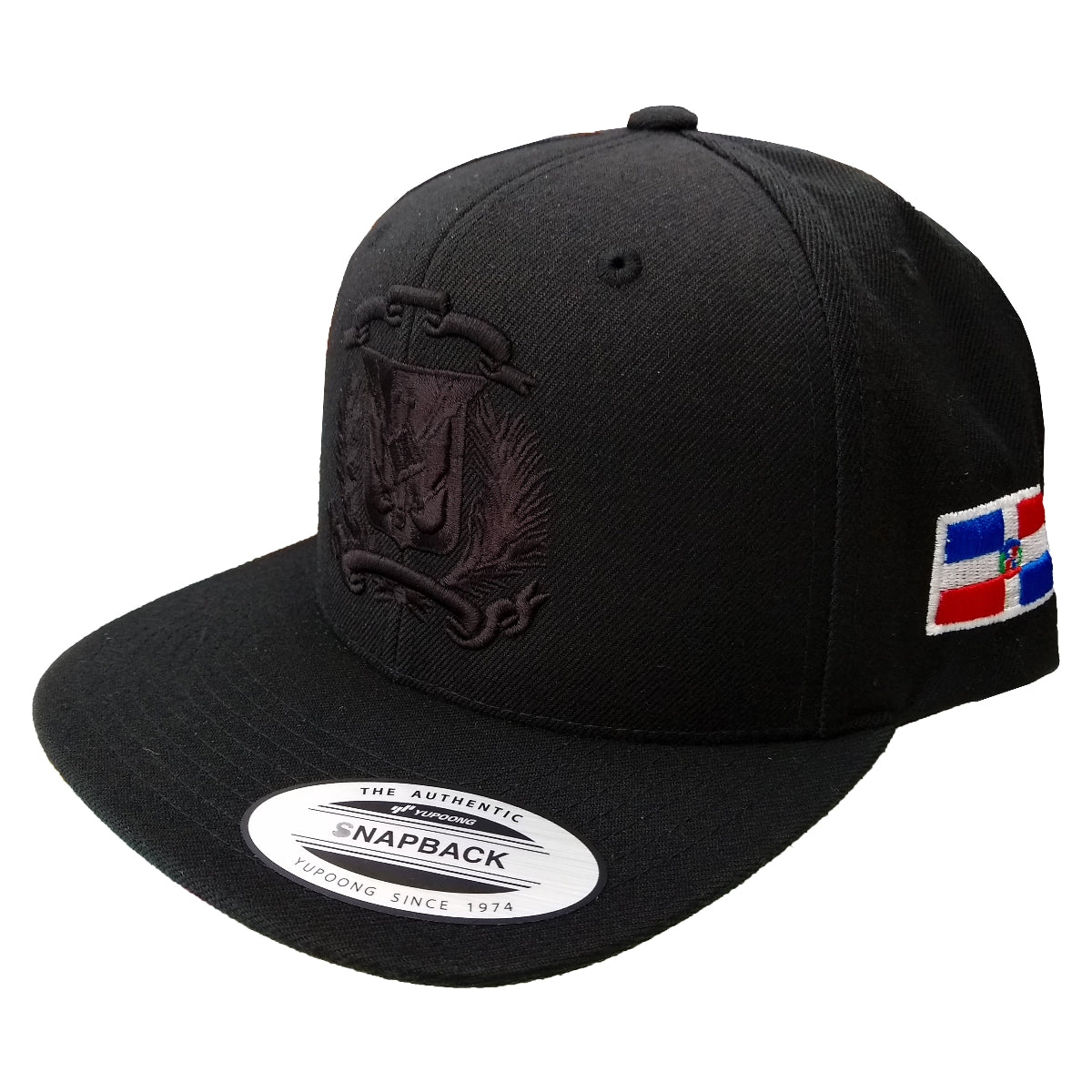 Black cap with embroidered design and flag patch on a white background