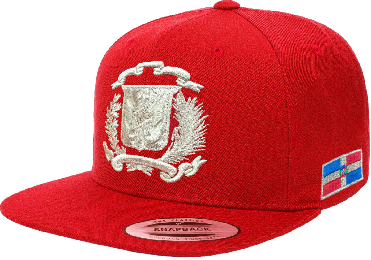 Red snapback cap with white emblem and flag patch on a white background