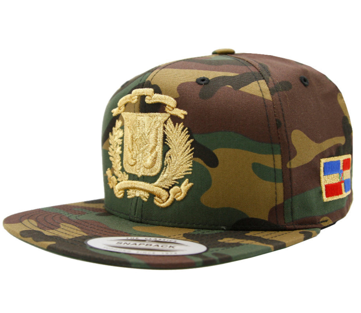 Camouflage cap with gold emblem and small flag on a white background