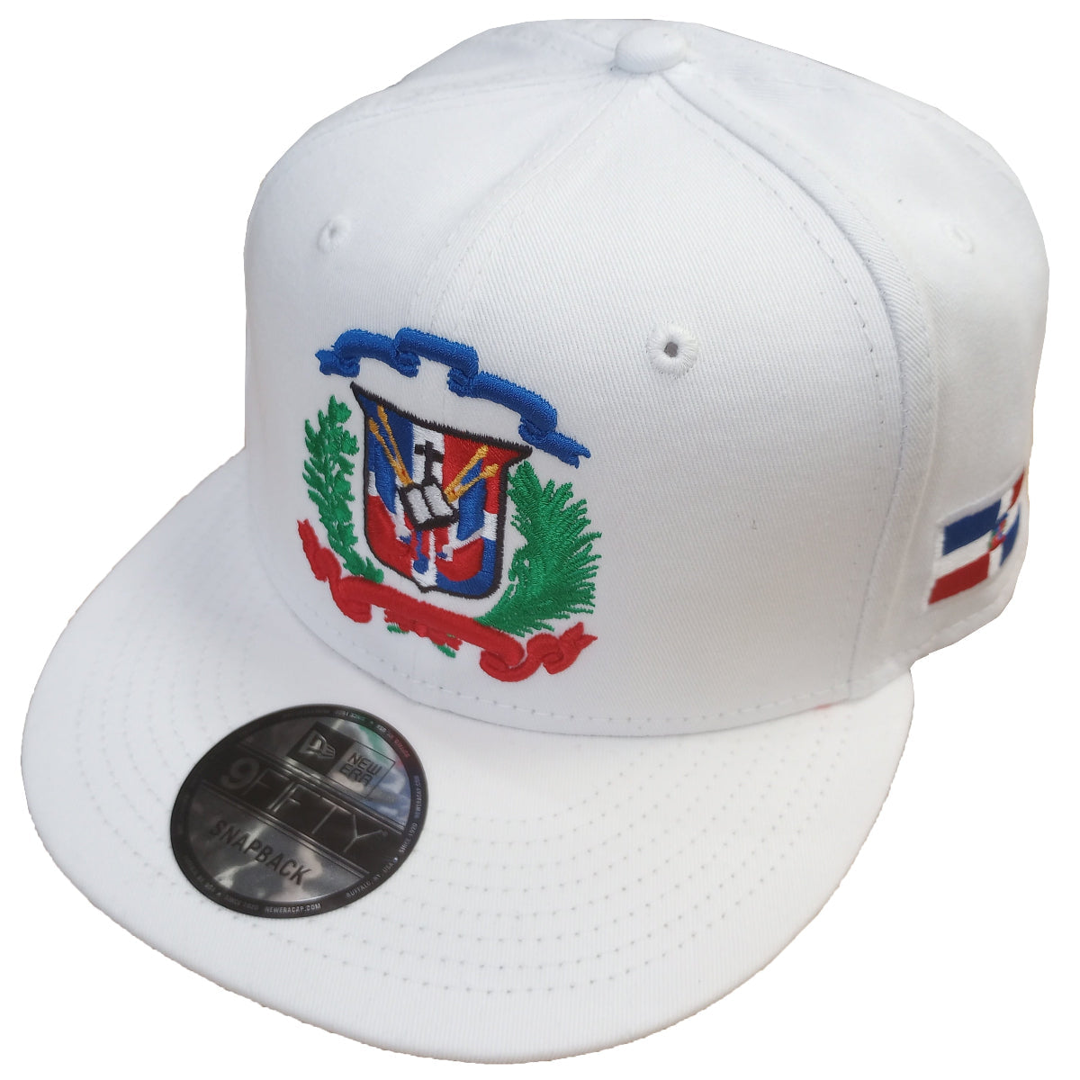 White cap with a colorful emblem on a white background
