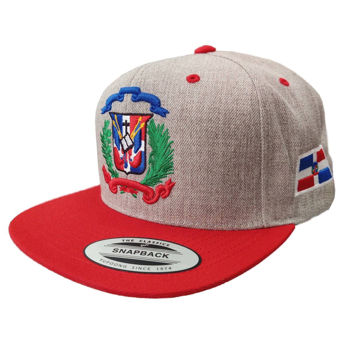 Beige and red snapback cap with embroidered Dominica Republic Shield design on a white background