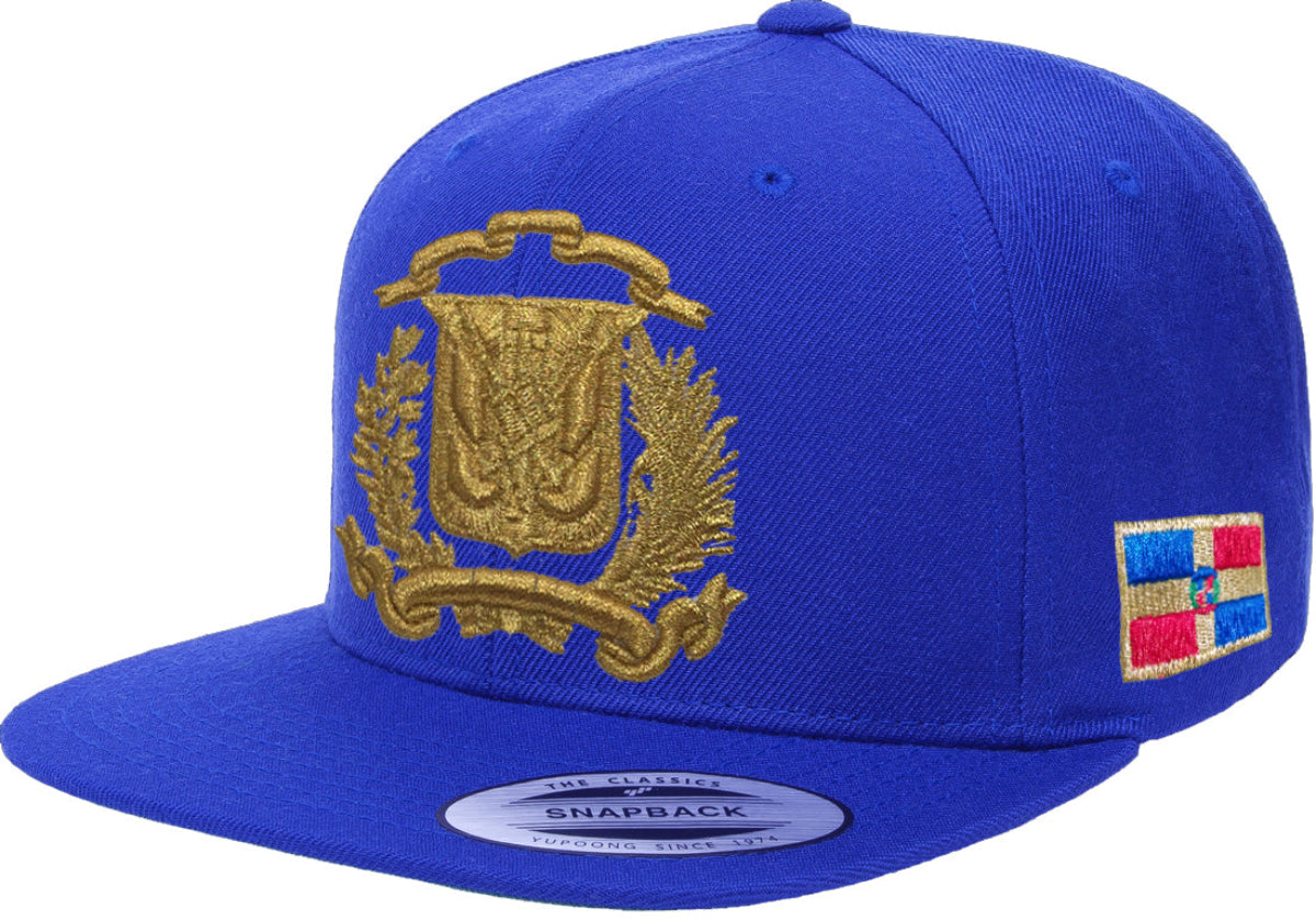 Blue snapback cap with gold emblem and colorful patch on a white background