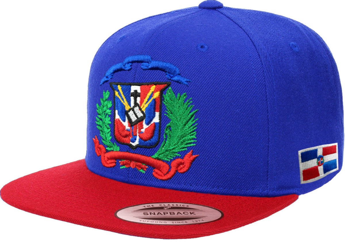 Blue and red snapback cap with a emblem and flag design on a white background