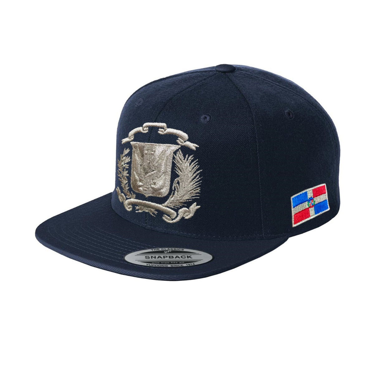 Navy blue snapback cap with emblem and flag patch on a white background