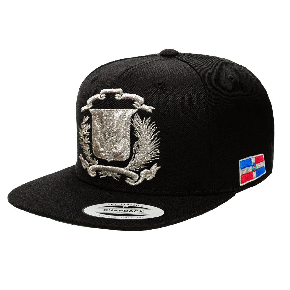 Black snapback cap with silver emblem and Dominican Republic flag patch on a white background
