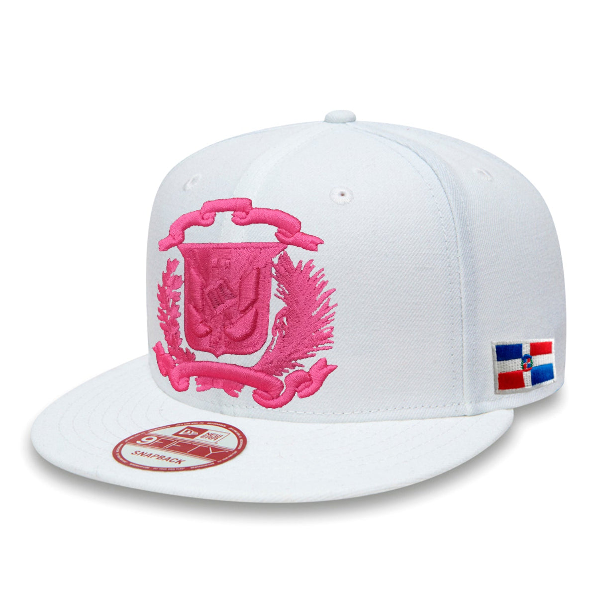 White cap with pink emblem and Dominican Republic flag patch on a white background