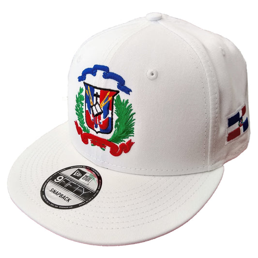 White cap with a colorful Escudo Republica Dominicana (Dominican Shield) emblem and New Era logo on a white background
