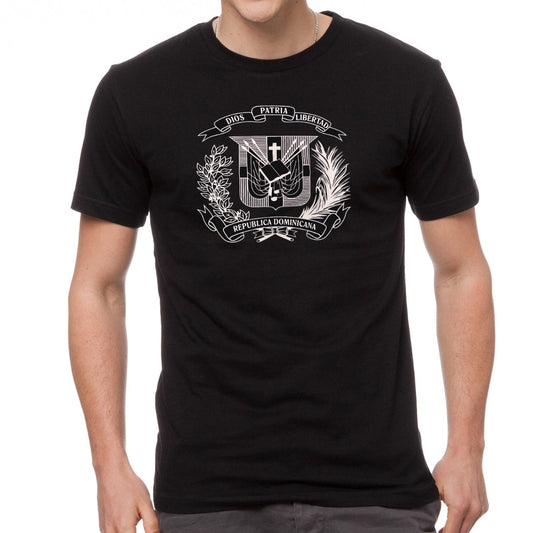 Black t-shirt with a white Dominican Shield emblem design on a white background