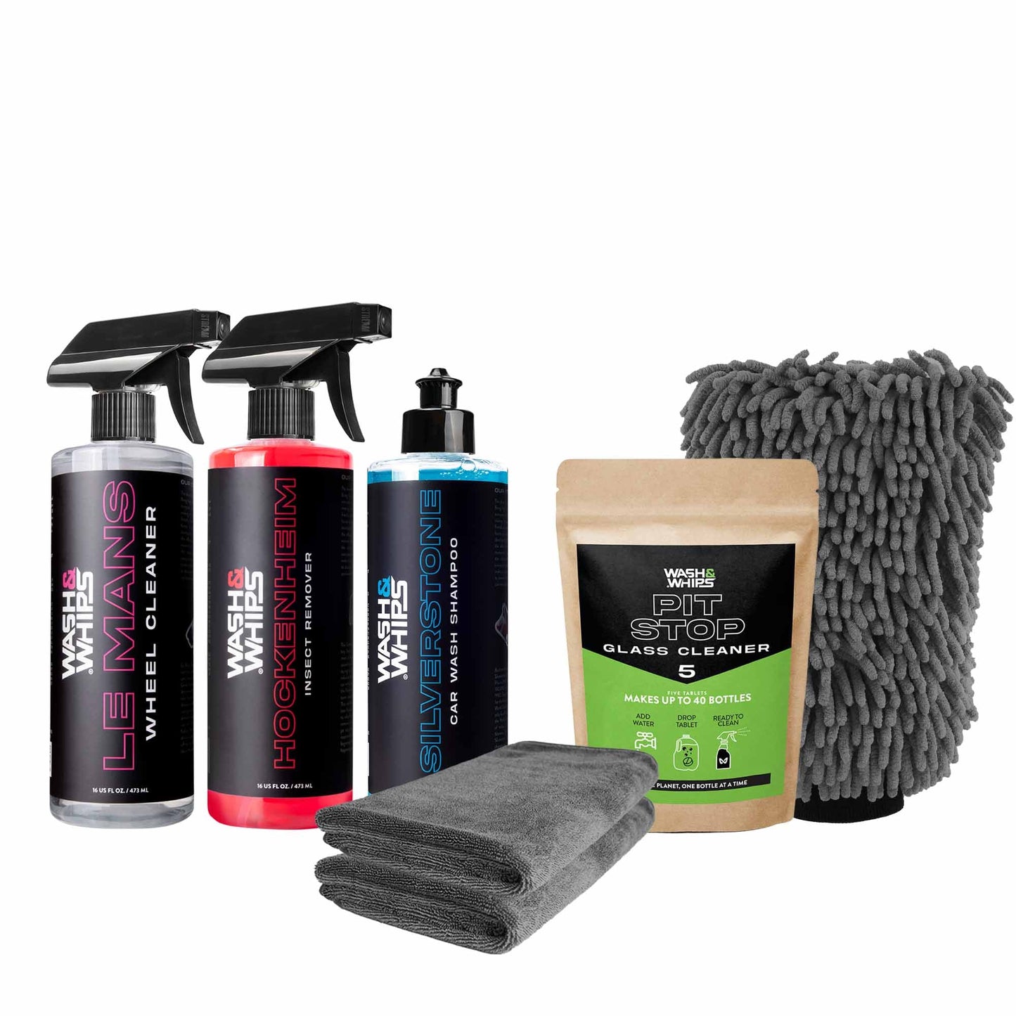Collection of car cleaning products including spray bottles and cloths on a white background