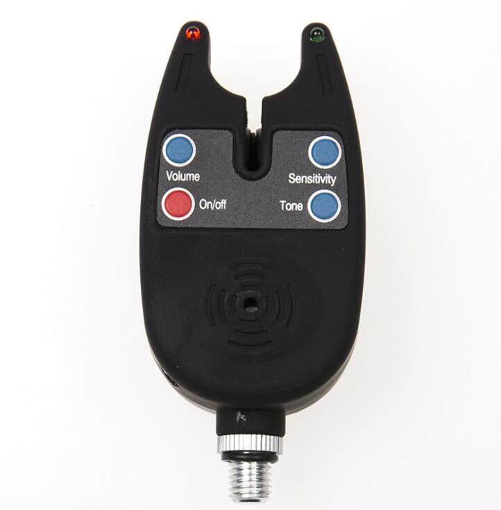 Black electronic Fishing Bite Alarm  with control buttons on a white background