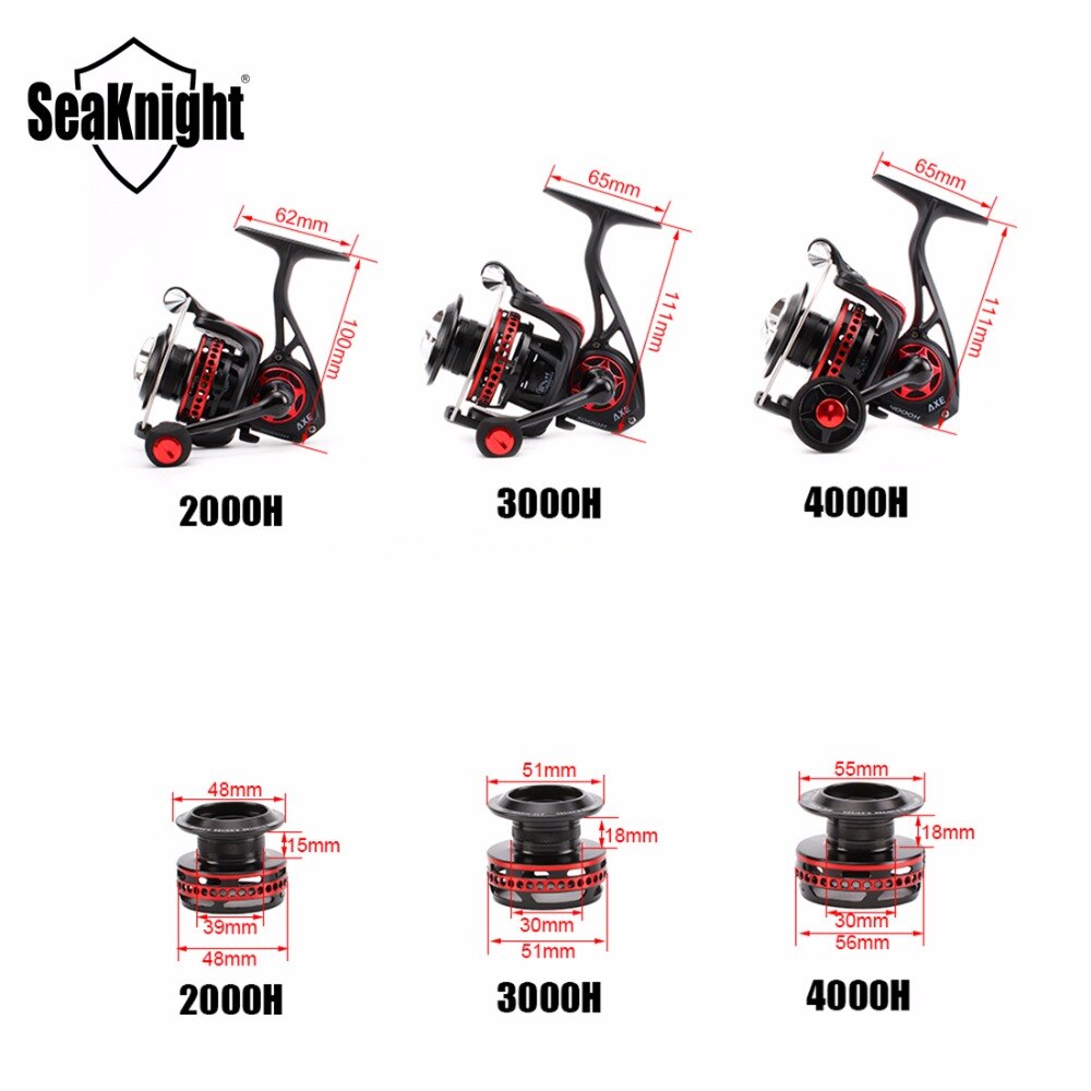 Fishing reel comparison chart with Seaknight branding and dimensions.